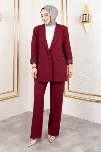Kruvaze Yaka Blazer Takım TSD250118 Bordo - Tesettür Dünyası