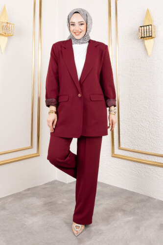 Kruvaze Yaka Blazer Takım TSD250118 Bordo - 3