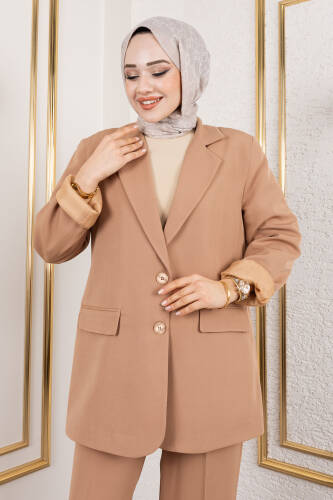 Kruvaze Yaka Blazer Takım TSD250118 Camel - Tesettür Dünyası (1)