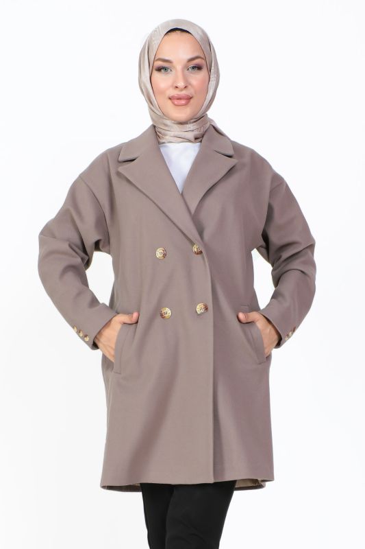 Çift Düğmeli Kaşe Kaban TSD231014 Vizon - 2