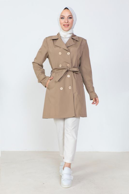 Çift Düğmeli Kısa Trençkot TSD230807 Vizon - Tesettür Dünyası