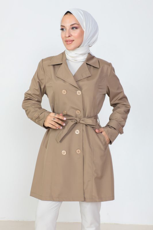 Çift Düğmeli Kısa Trençkot TSD230807 Vizon - Tesettür Dünyası (1)