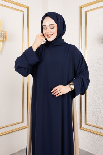 Çift Renkli Şallı Abaya TSD250147 Lacivert - Tesettür Dünyası (1)