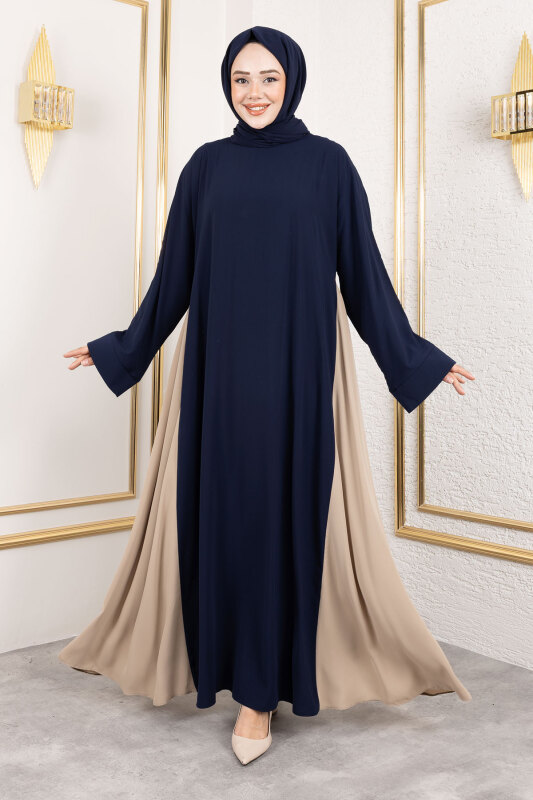 Çift Renkli Şallı Abaya TSD250147 Lacivert - 3