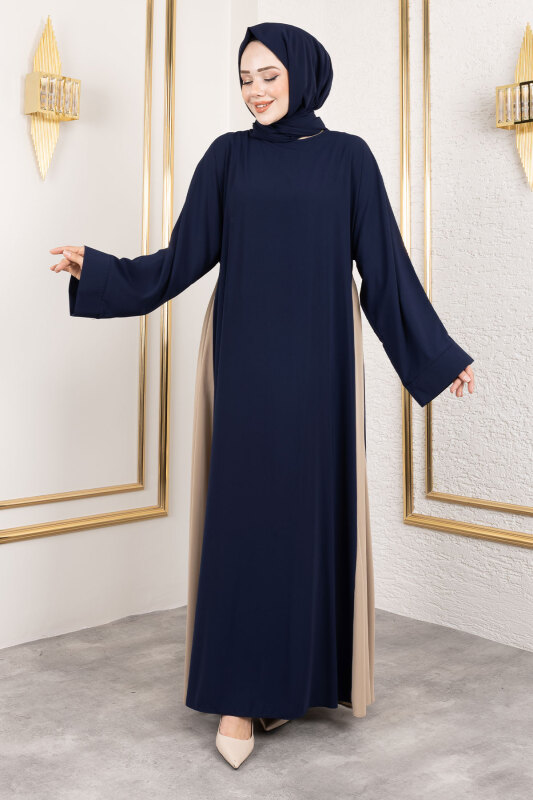 Çift Renkli Şallı Abaya TSD250147 Lacivert - 1