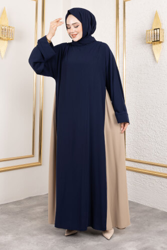 Çift Renkli Şallı Abaya TSD250147 Lacivert - 4