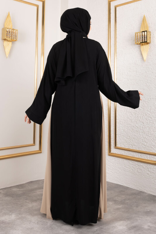 Çift Renkli Şallı Abaya TSD250147 Siyah - 5