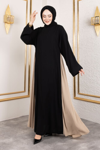 Çift Renkli Şallı Abaya TSD250147 Siyah - 4