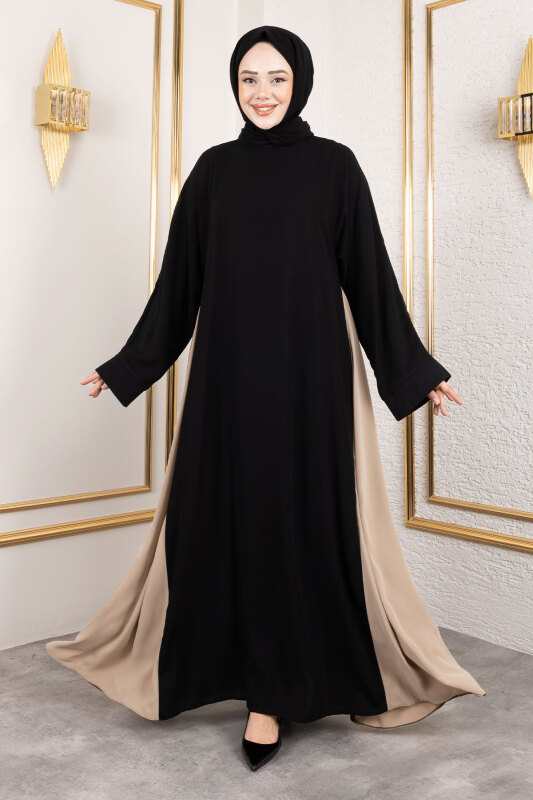 Çift Renkli Şallı Abaya TSD250147 Siyah - 3