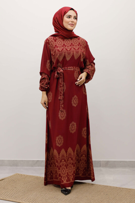 Çini Desenli Viskon Elbise TSD250237 Bordo - 1
