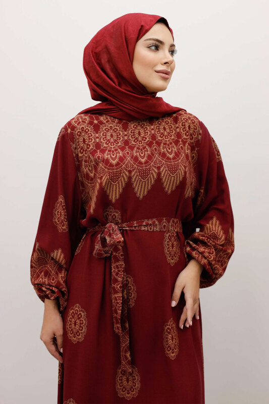 Çini Desenli Viskon Elbise TSD250237 Bordo - 2