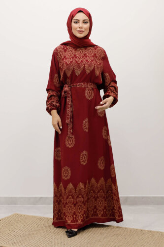 Çini Desenli Viskon Elbise TSD250237 Bordo - 3