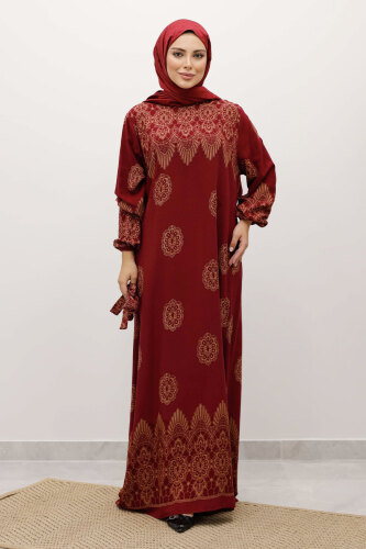 Çini Desenli Viskon Elbise TSD250237 Bordo - 5