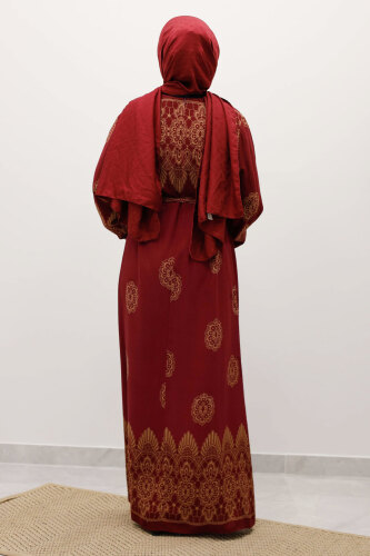 Çini Desenli Viskon Elbise TSD250237 Bordo - 6