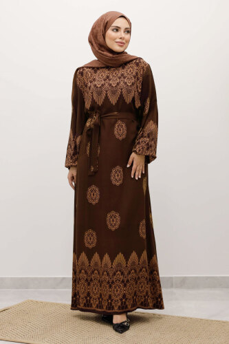 Çini Desenli Viskon Elbise TSD250237 Kahverengi 