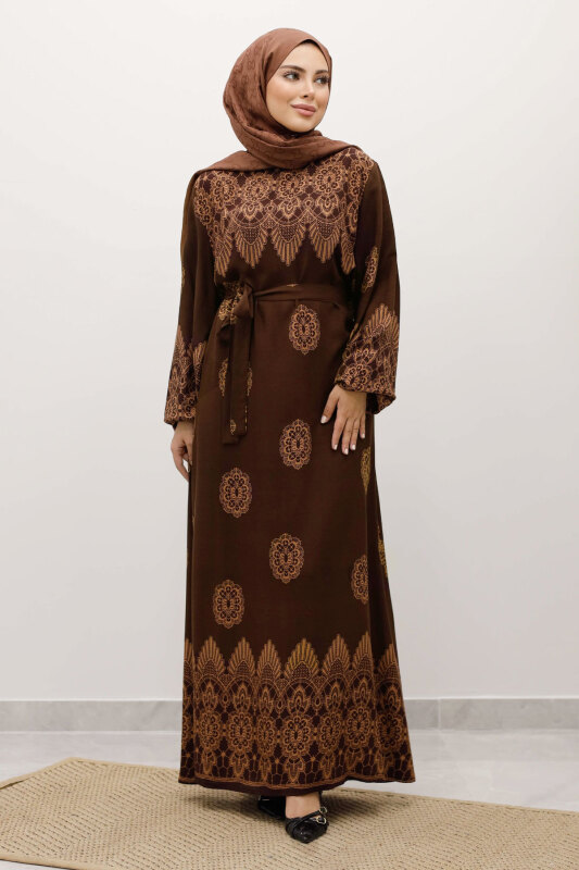 Çini Desenli Viskon Elbise TSD250237 Kahverengi - 1