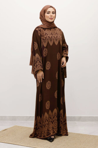 Çini Desenli Viskon Elbise TSD250237 Kahverengi - 5