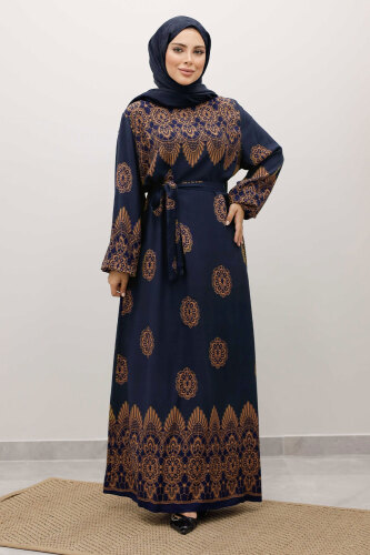 Çini Desenli Viskon Elbise TSD250237 Lacivert 