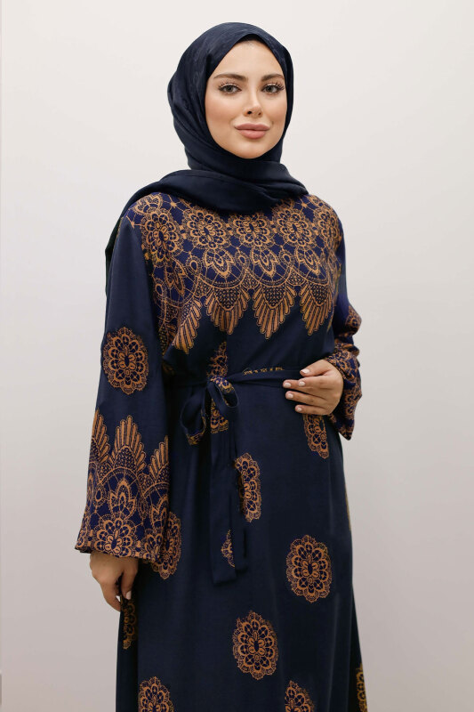 Çini Desenli Viskon Elbise TSD250237 Lacivert - 2