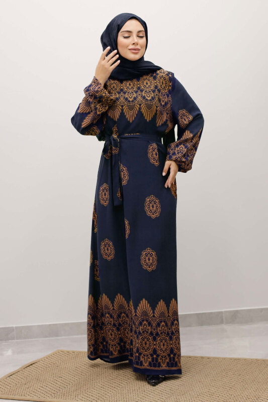 Çini Desenli Viskon Elbise TSD250237 Lacivert - 3