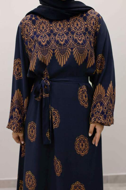 Çini Desenli Viskon Elbise TSD250237 Lacivert - 4