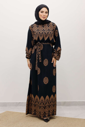 Çini Desenli Viskon Elbise TSD250237 Siyah 