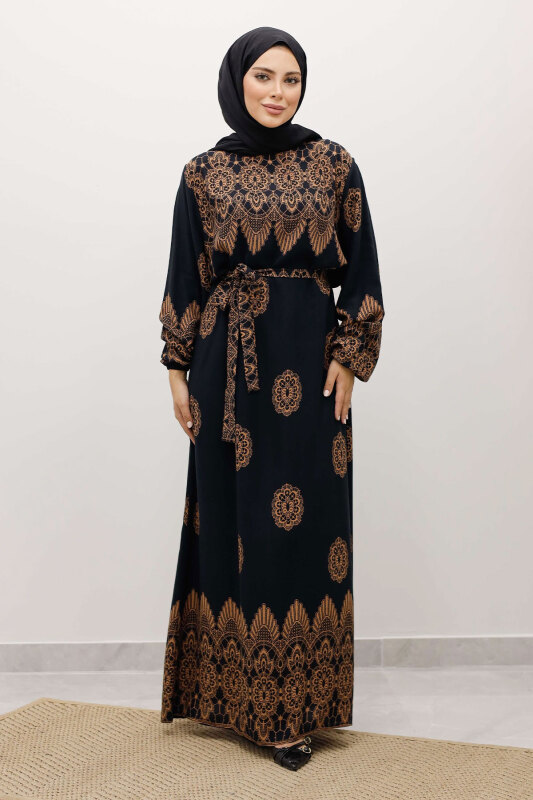 Çini Desenli Viskon Elbise TSD250237 Siyah - 1