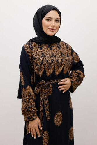 Çini Desenli Viskon Elbise TSD250237 Siyah - 2