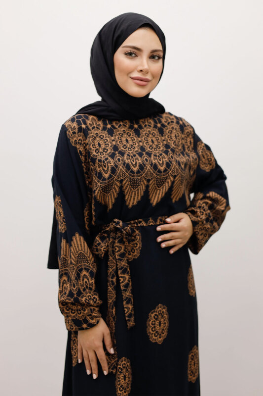 Çini Desenli Viskon Elbise TSD250237 Siyah - 2