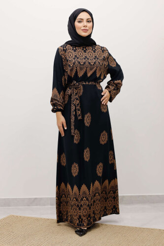 Çini Desenli Viskon Elbise TSD250237 Siyah - 3