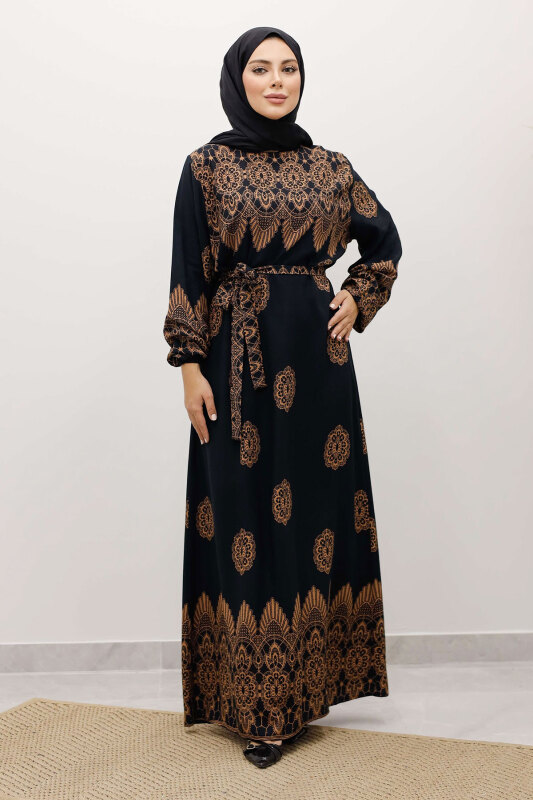 Çini Desenli Viskon Elbise TSD250237 Siyah - 3