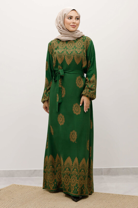 Çini Desenli Viskon Elbise TSD250237 Yeşil - 1