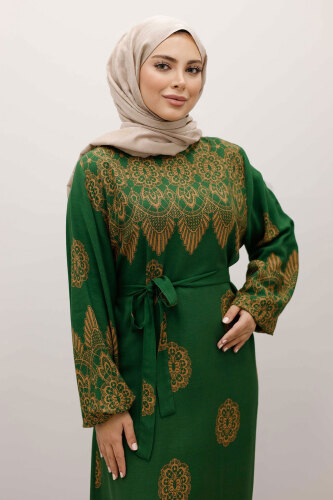 Çini Desenli Viskon Elbise TSD250237 Yeşil - 2