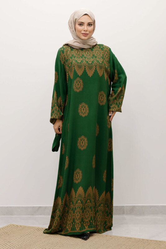 Çini Desenli Viskon Elbise TSD250237 Yeşil - 5