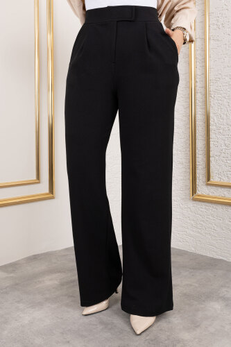 Cırt Kapamalı Yüksek Bel Palazzo Pantolon TSD250204 Siyah - Tesettür Dünyası