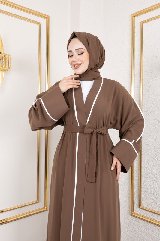 Çıtçıtlı Biye Detaylı Şallı Abaya TSD250174 Kahverengi - Tesettür Dünyası (1)