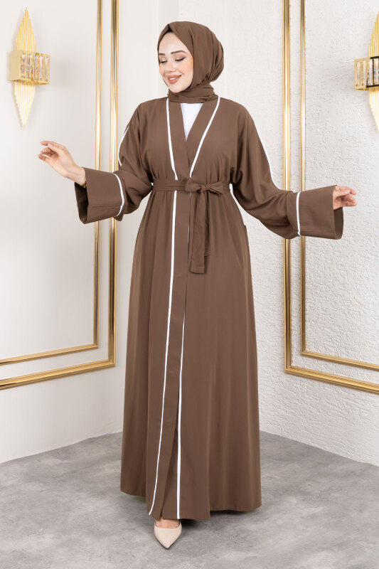 Çıtçıtlı Biye Detaylı Şallı Abaya TSD250174 Kahverengi - Tesettür Dünyası