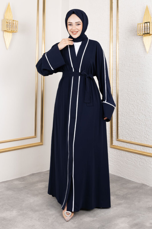 Çıtçıtlı Biye Detaylı Şallı Abaya TSD250174 Lacivert - Tesettür Dünyası