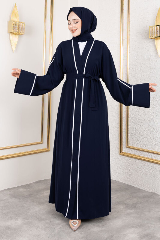 Çıtçıtlı Biye Detaylı Şallı Abaya TSD250174 Lacivert - Tesettür Dünyası (1)