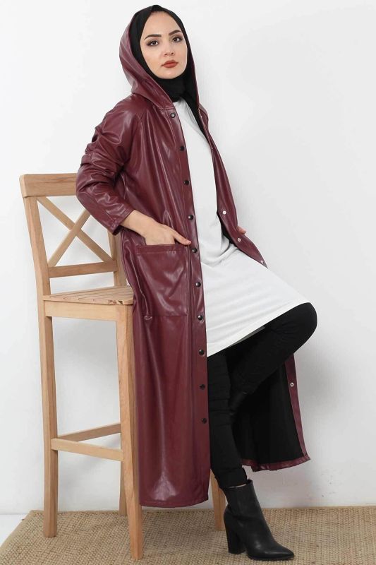 Çıtçıtlı Bordo Deri Kap TSD221013 - 4