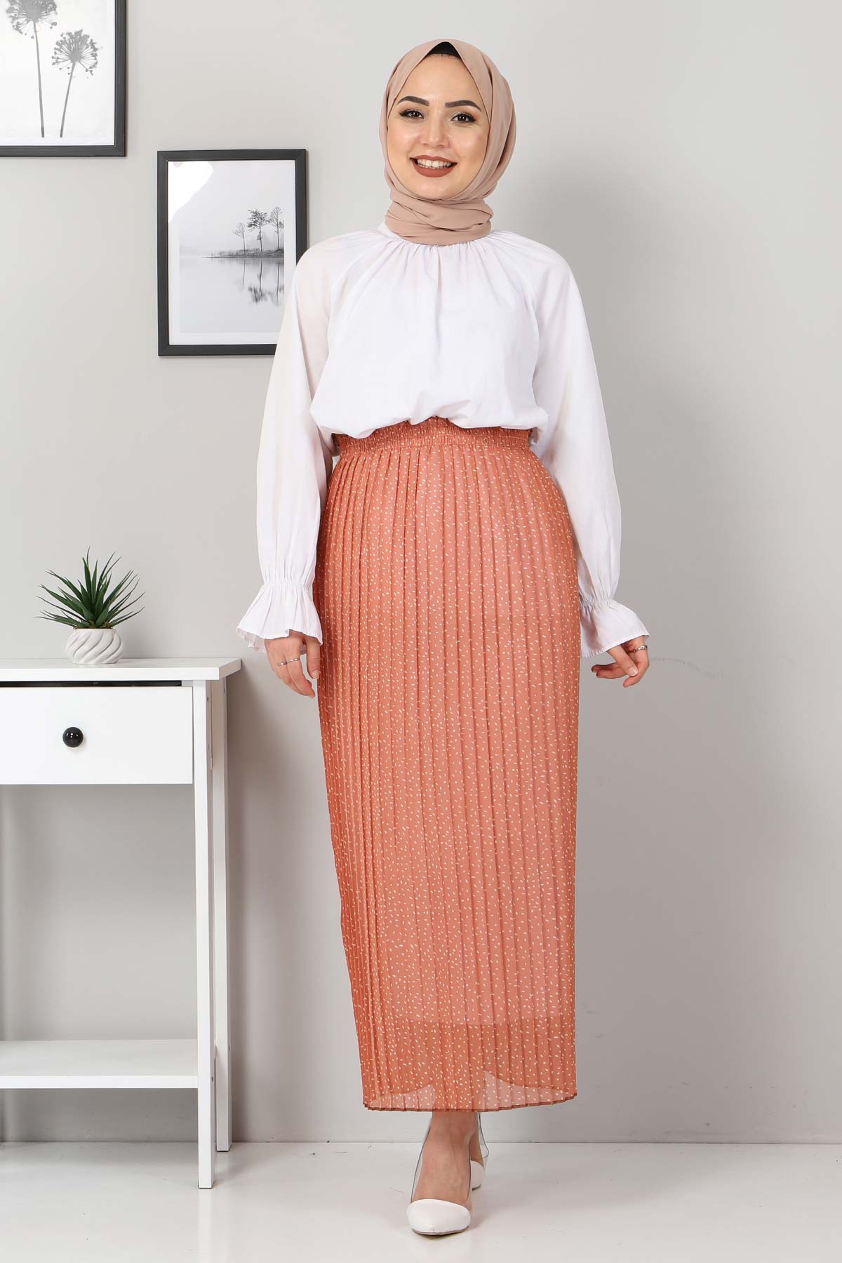 Tesettür Dünyası - Patterned Pleated Skirt TSD0030 Light Orange