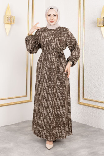 Çıtır Desenli Viskon Elbise TSD250210 Kahverengi - Tesettür Dünyası