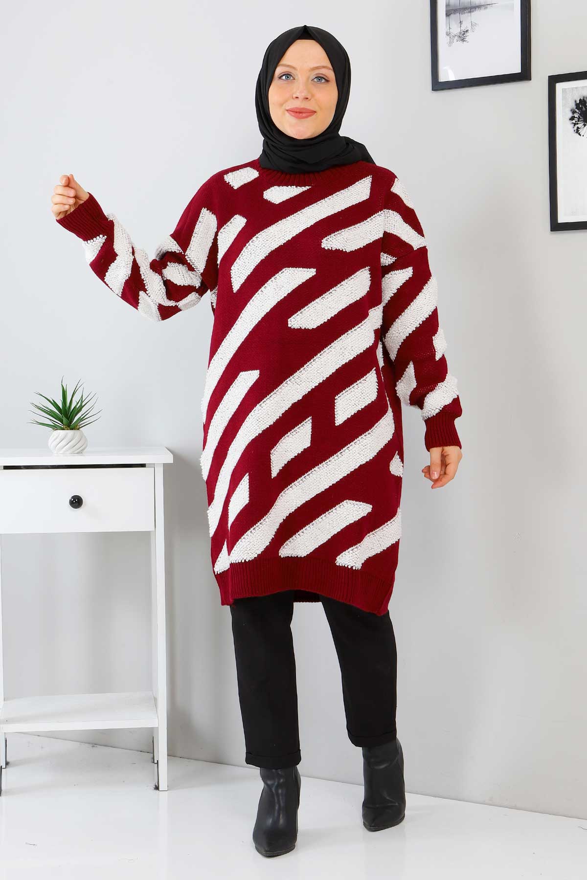 Tesettür Dünyası - Line Patterned Knitwear Tunic TSD211230 Claret Red