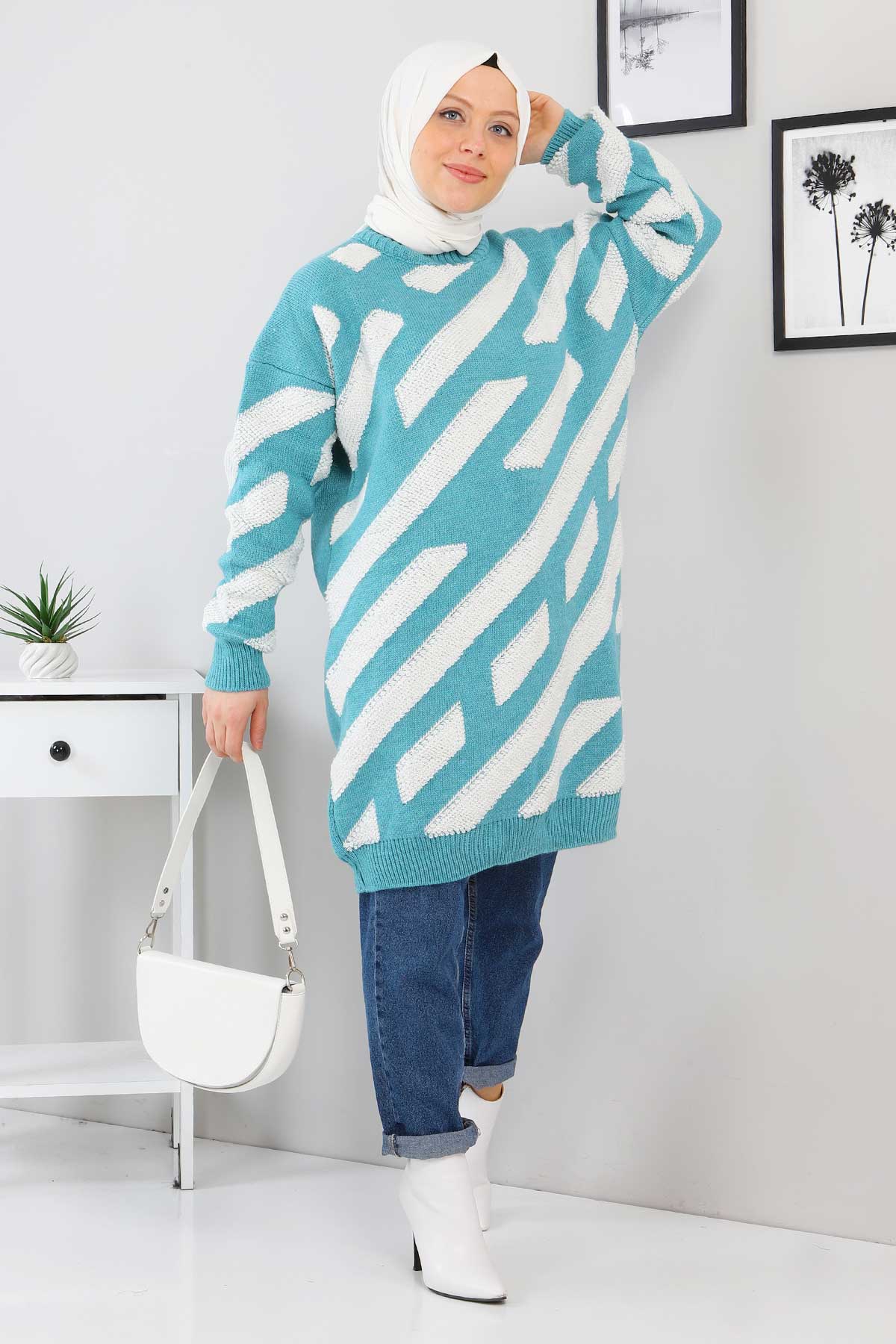 Tesettür Dünyası - Line Patterned Knitwear Tunic TSD211230 Turquoise