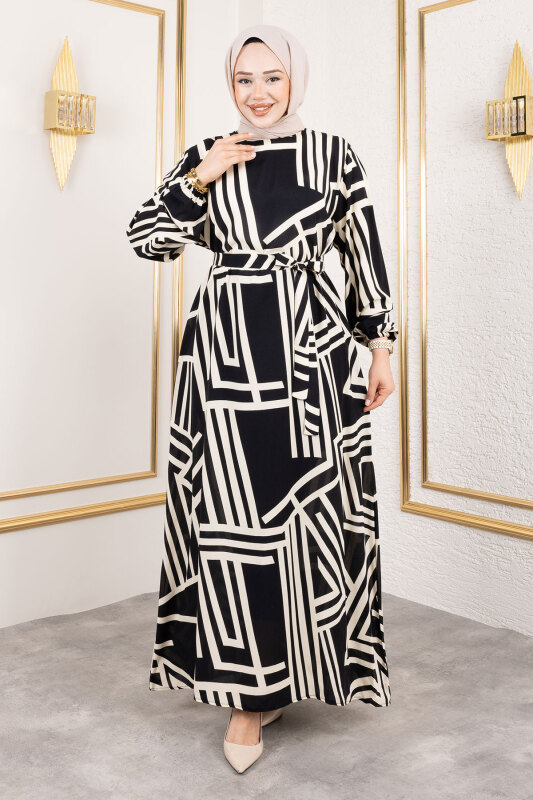Çizgi Desenli Viskon Elbise TSD240943 Siyah - Tesettür Dünyası