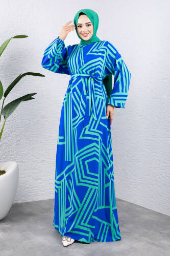 Çizgi Desenli Viskon Elbise TSD240943 Yeşil - Tesettür Dünyası