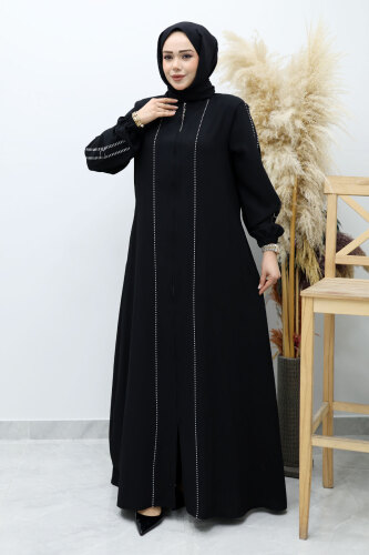 Çizgi Detaylı Tesettür Ferace TSD260147 Siyah - 1