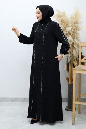 Çizgi Detaylı Tesettür Ferace TSD260147 Siyah - 3