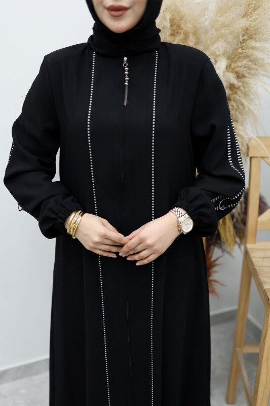 Çizgi Detaylı Tesettür Ferace TSD260147 Siyah - 4