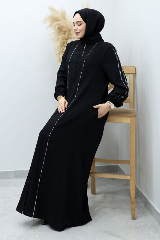 Çizgi Detaylı Tesettür Ferace TSD260147 Siyah - 5